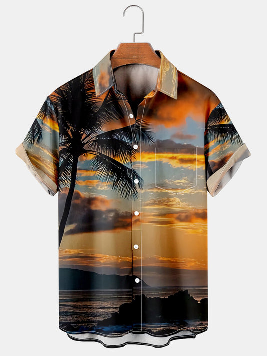 Mens Oahu Waikiki Beach Sunset Landscape Print Short Sleeve Hawaiian Shirt