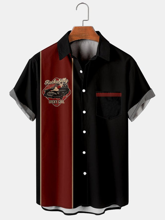 Mens Nascar Vintage Cars Print Casual Breathable Chest Pocket Short Sleeve Hawaiian Shirts