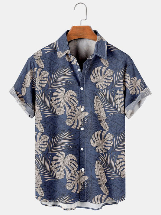 Mens Palm Leaves & Monstera Ceriman Leaves Print Casual Breathable Chest Pocket Short Sleeve Hawaiian Shirts