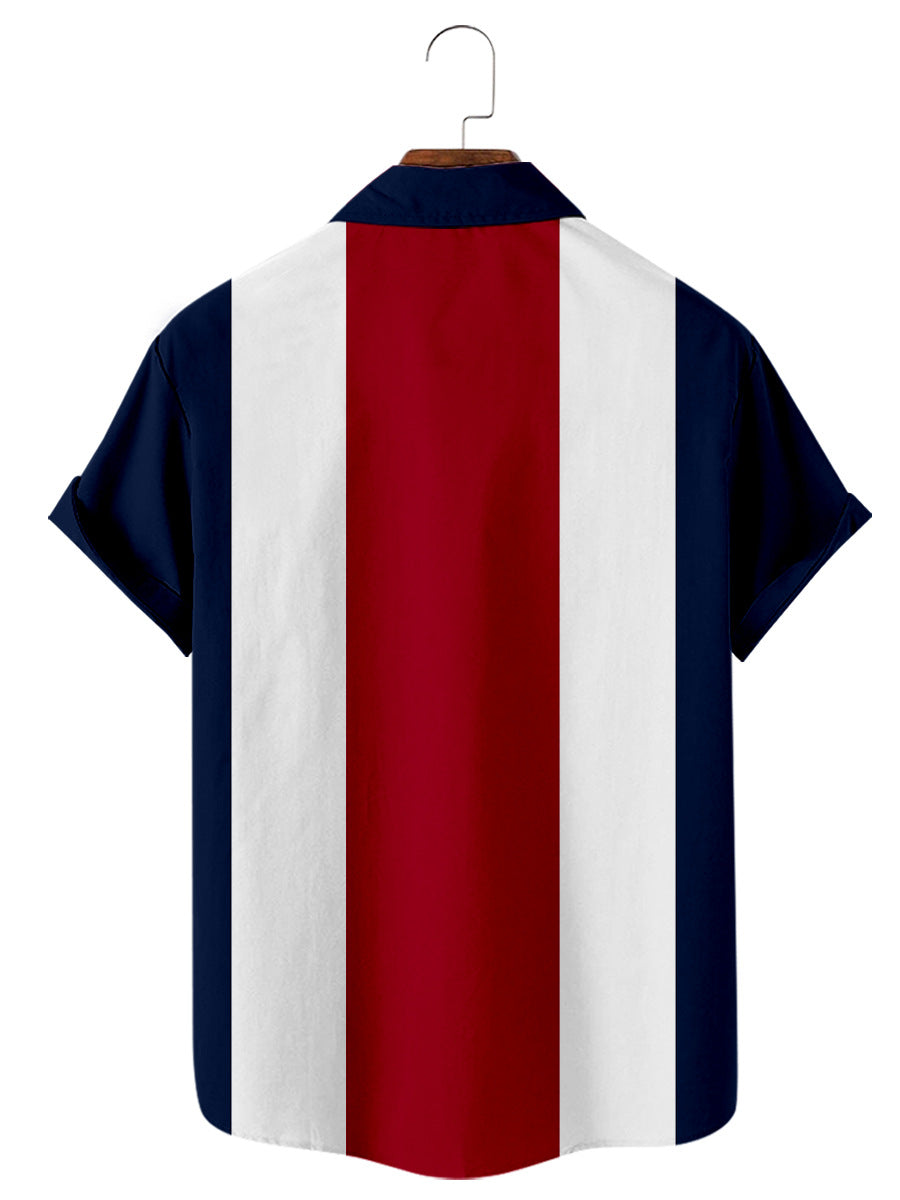 Men's Plus Size Retro Contrast Striped Geometric Pattern Shirt With Pockets