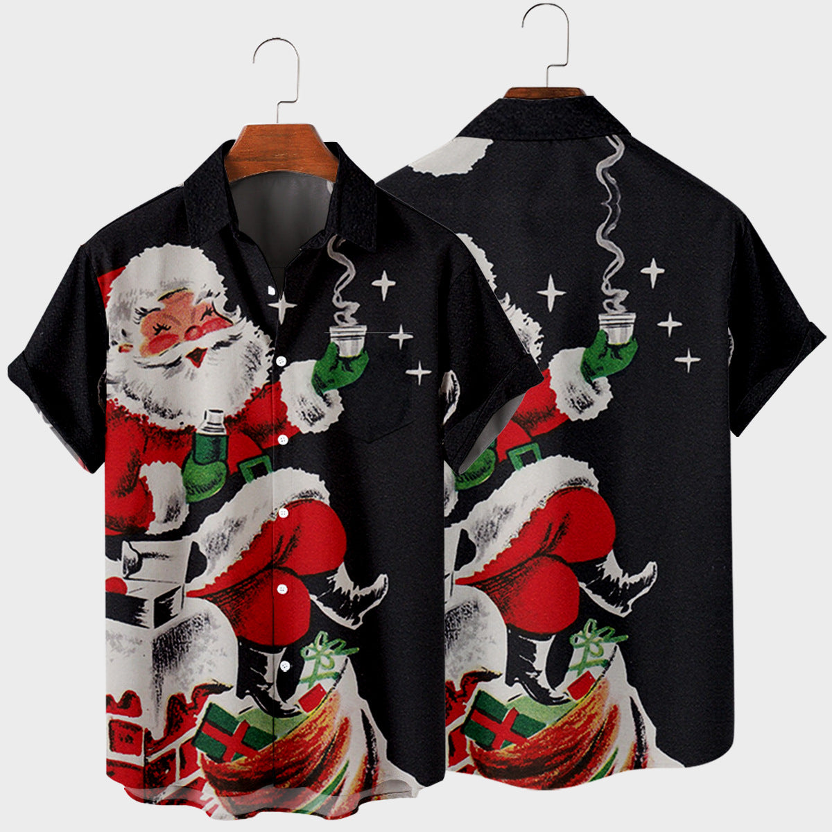 Men's Santa Print Casual Breathable Short Sleeve Shirt