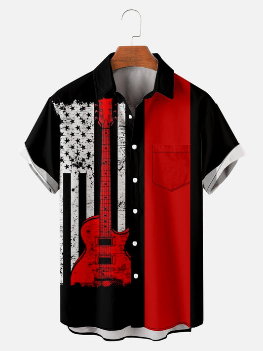 Men's Simple Casual Music American Flag Day Short Sleeve Shirt