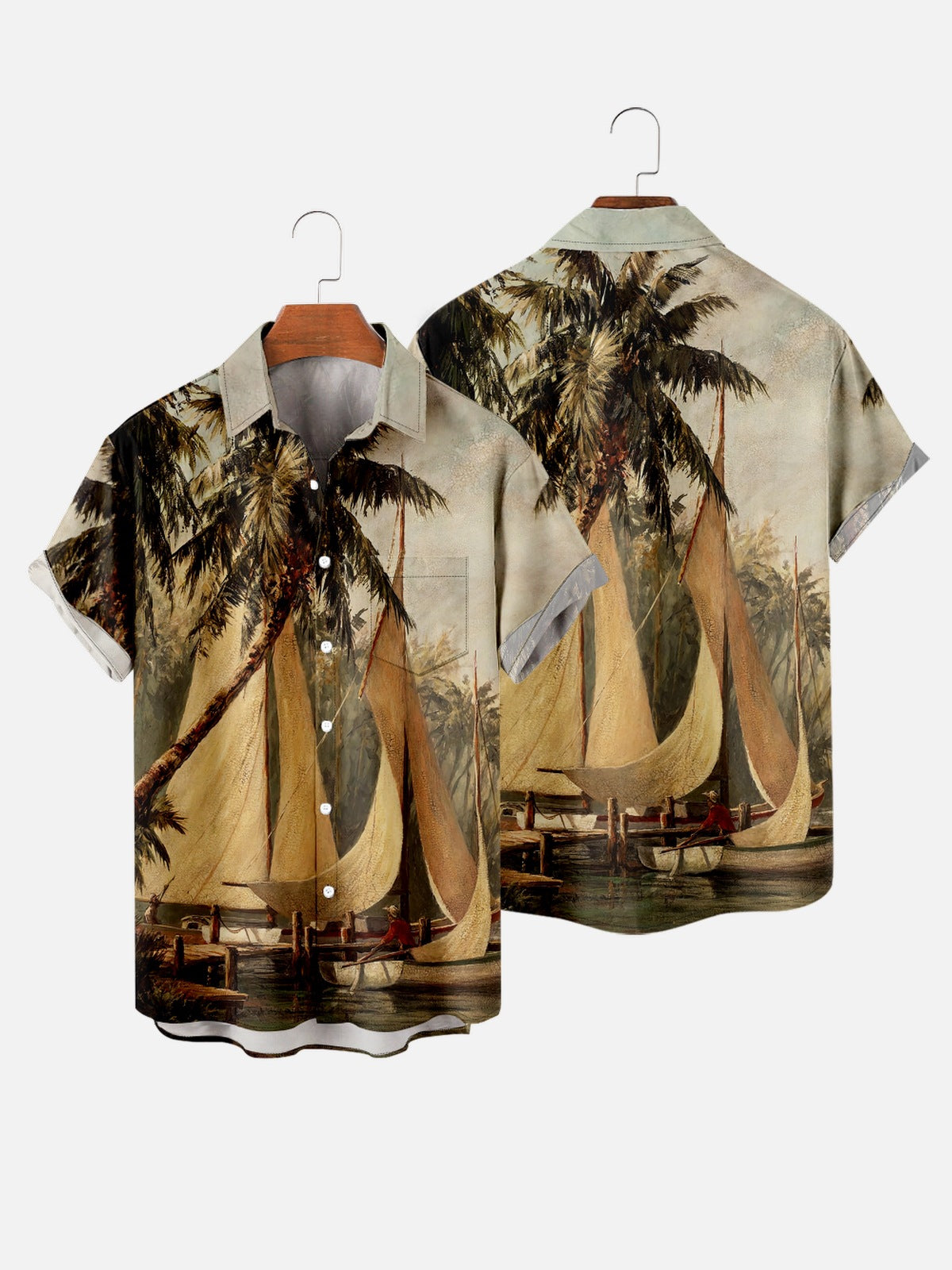 Mens Hawaiian Leaves Print Lapel Loose Chest Pockets Short Sleeve Funky Aloha Shirt