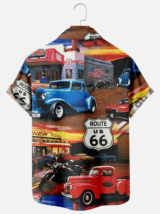 Men's Short Sleeve Lapel Shirt Plus Size Route 66 Print Men's Shirt with Pockets