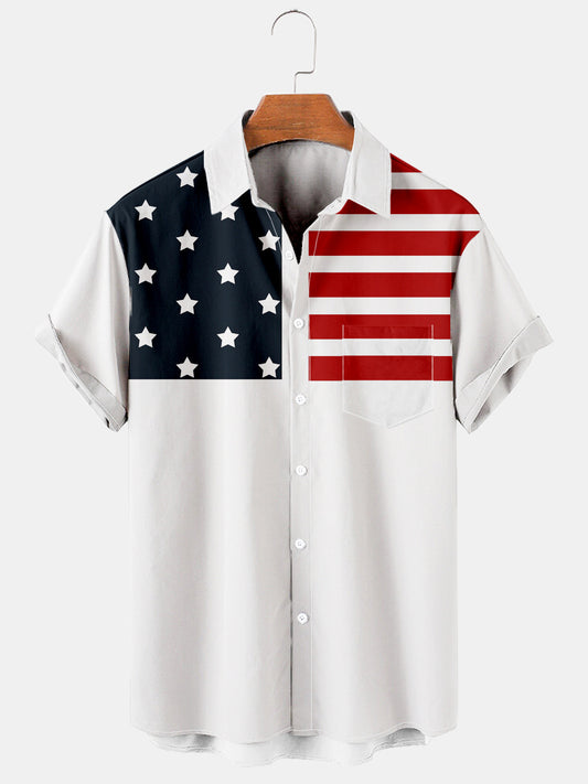 Mens Flag Print Casual Breathable Short Sleeve Shirt