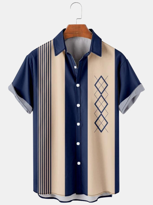 Casual Art Collection Geometric Stripes Color Block Pattern Lapel Short Sleeve Shirt Print Top