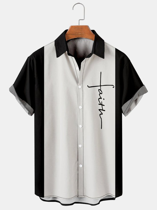 Mens Crucifix Print Casual Breathable Short Sleeve Bowling Shirts