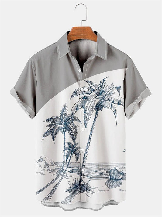Mens Coconut Print Lapel Loose Short Sleeve Trendy Hawaiian Shirt