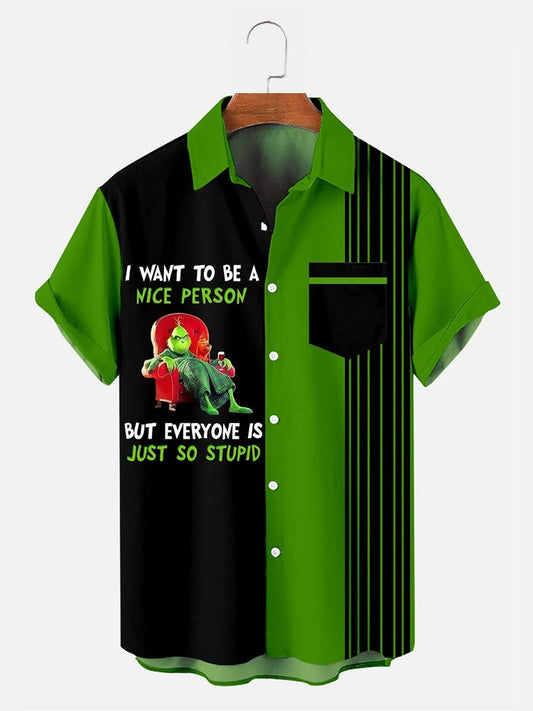 Men's Contrast Striped Christmas Grinch Print Shirt