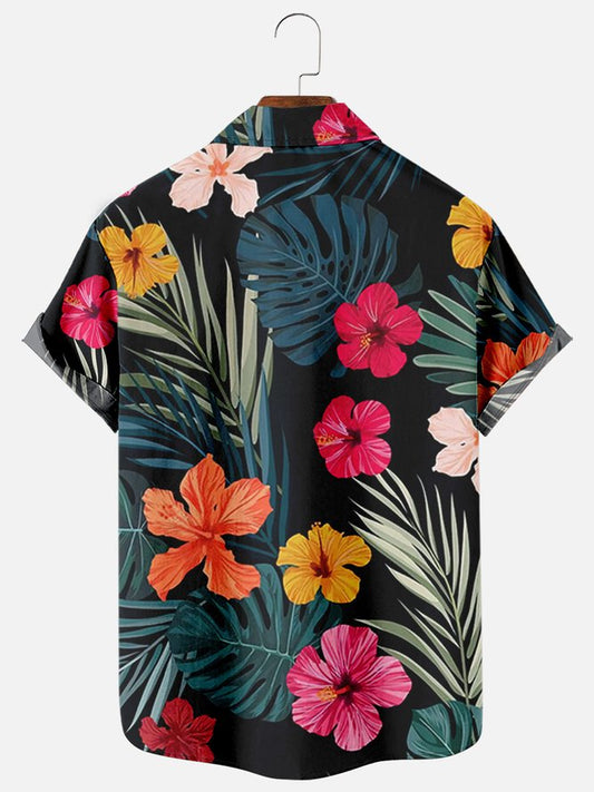 Mens Tropical Floral Print Casual Breathable Chest Pocket Short Sleeve Hawaiian Shirts
