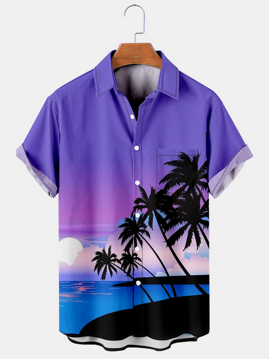 Mens Coconut Tree Print Casual Breathable Chest Pocket Short Sleeve Hawaiian Shirts