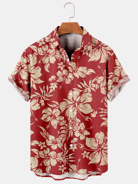 Holiday Style Hawaiian Series Plant Flower Leaf Element Lapel Short-Sleeved Shirt Print Top