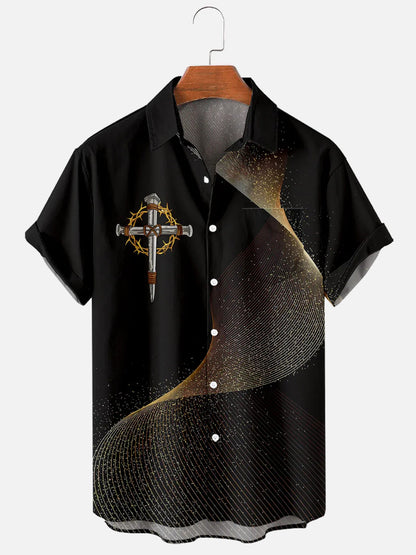 Men's Easter Cross Print Casual Short Sleeve Pocket Shirt