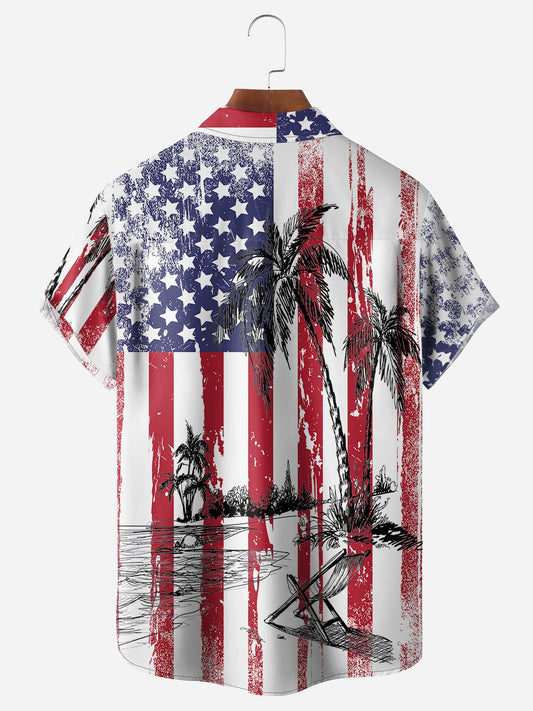 Men's American Flag Coconut Tree Beach Print Holiday Short Sleeve Shirt