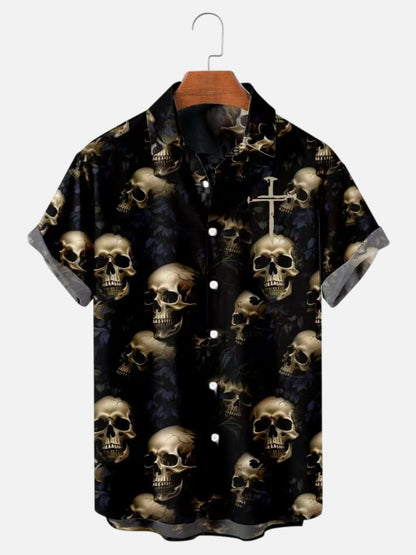 Men's Retro Dark Style Skull Cross Print Hawaiian Short Sleeve Shirt