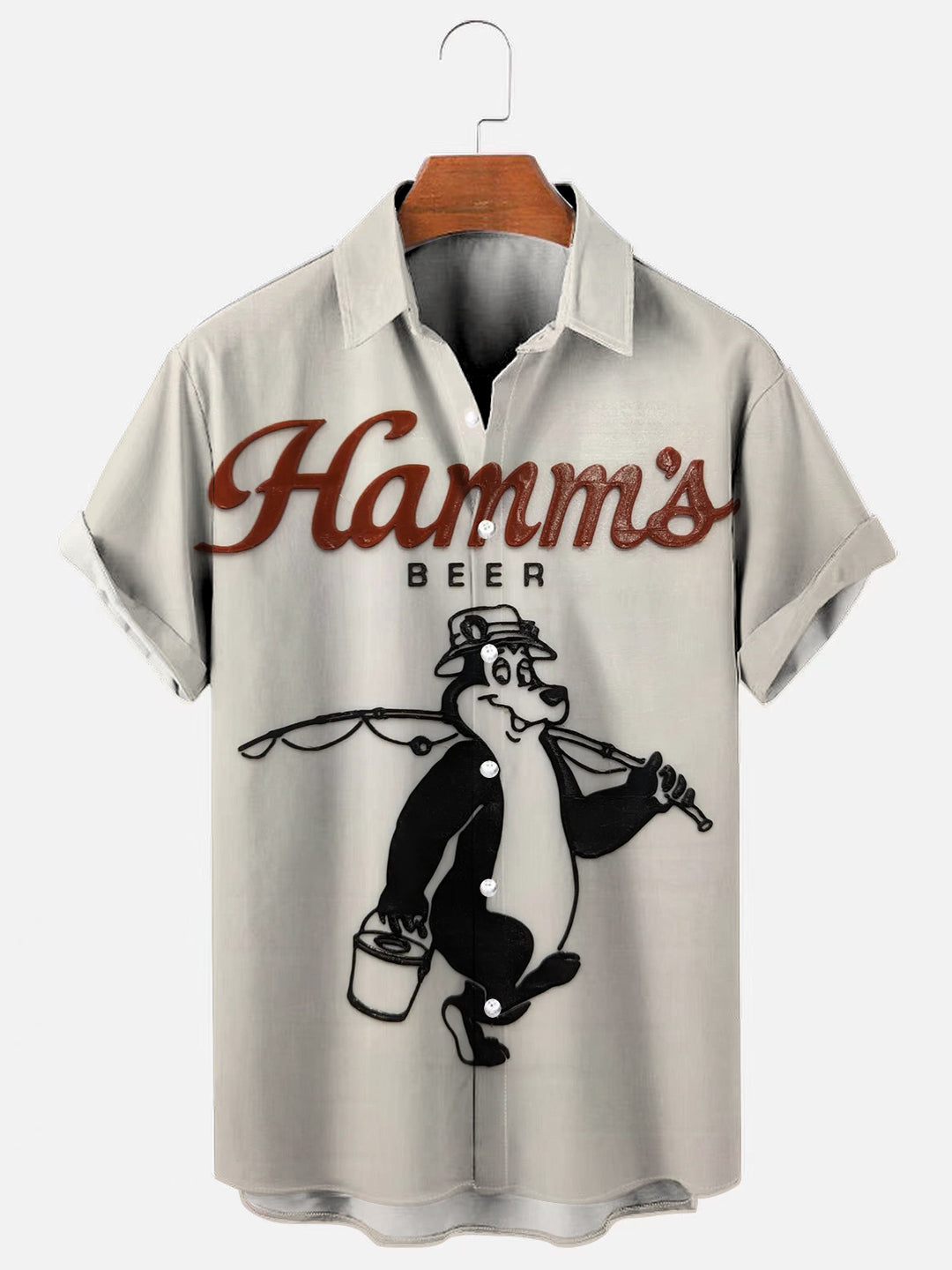 Men's Vintage Beer Bear Fishing Graphic Print Casual Short Sleeve Shirt