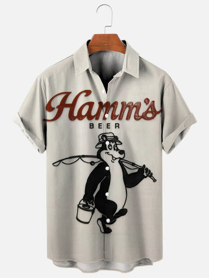 Men's Vintage Beer Bear Fishing Graphic Print Casual Short Sleeve Shirt