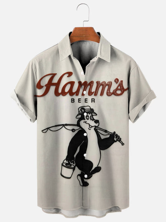 Men's Vintage Beer Bear Fishing Graphic Print Casual Short Sleeve Shirt
