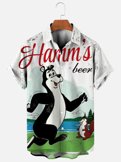 Beer Bear and Squirrel Retro Print Short Sleeve Shirt – Hallyy
