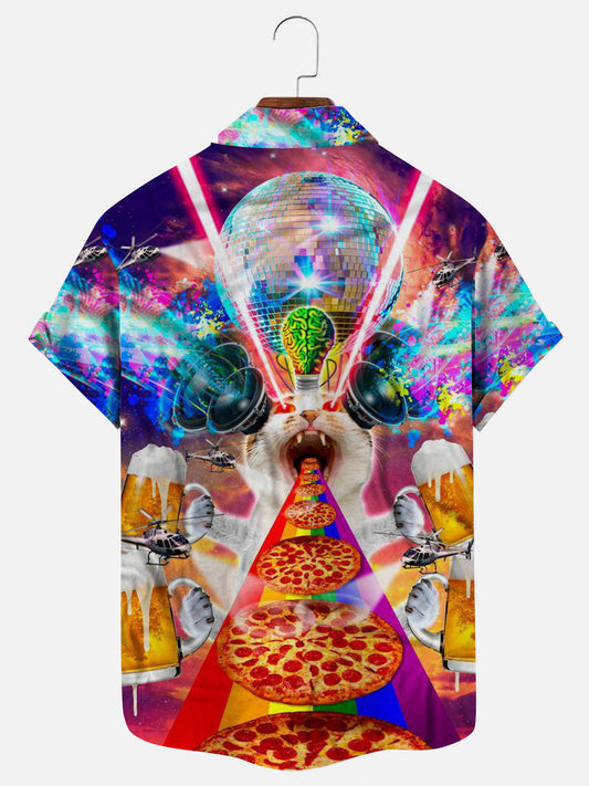 Men's Crazy Cat Print Hawaiian Short Sleeve Shirt