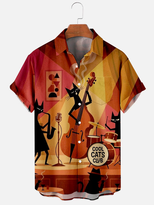 Men's Vintage Medieval Cool Cats Club Printed Hawaiian Short Sleeve Shirt