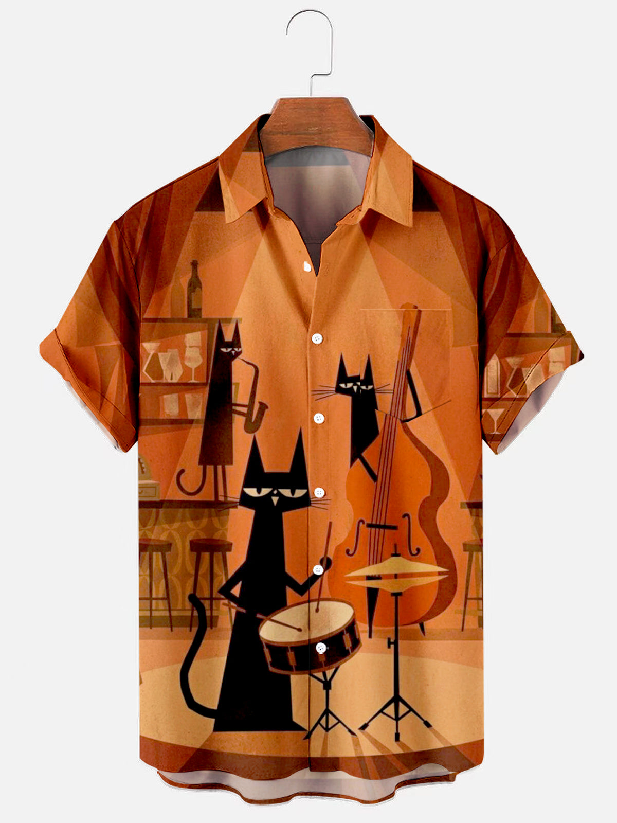Men's Vintage Medieval Jazz Cat Band Graphic Print Short Sleeve Hawaiian Shirt with Pocket