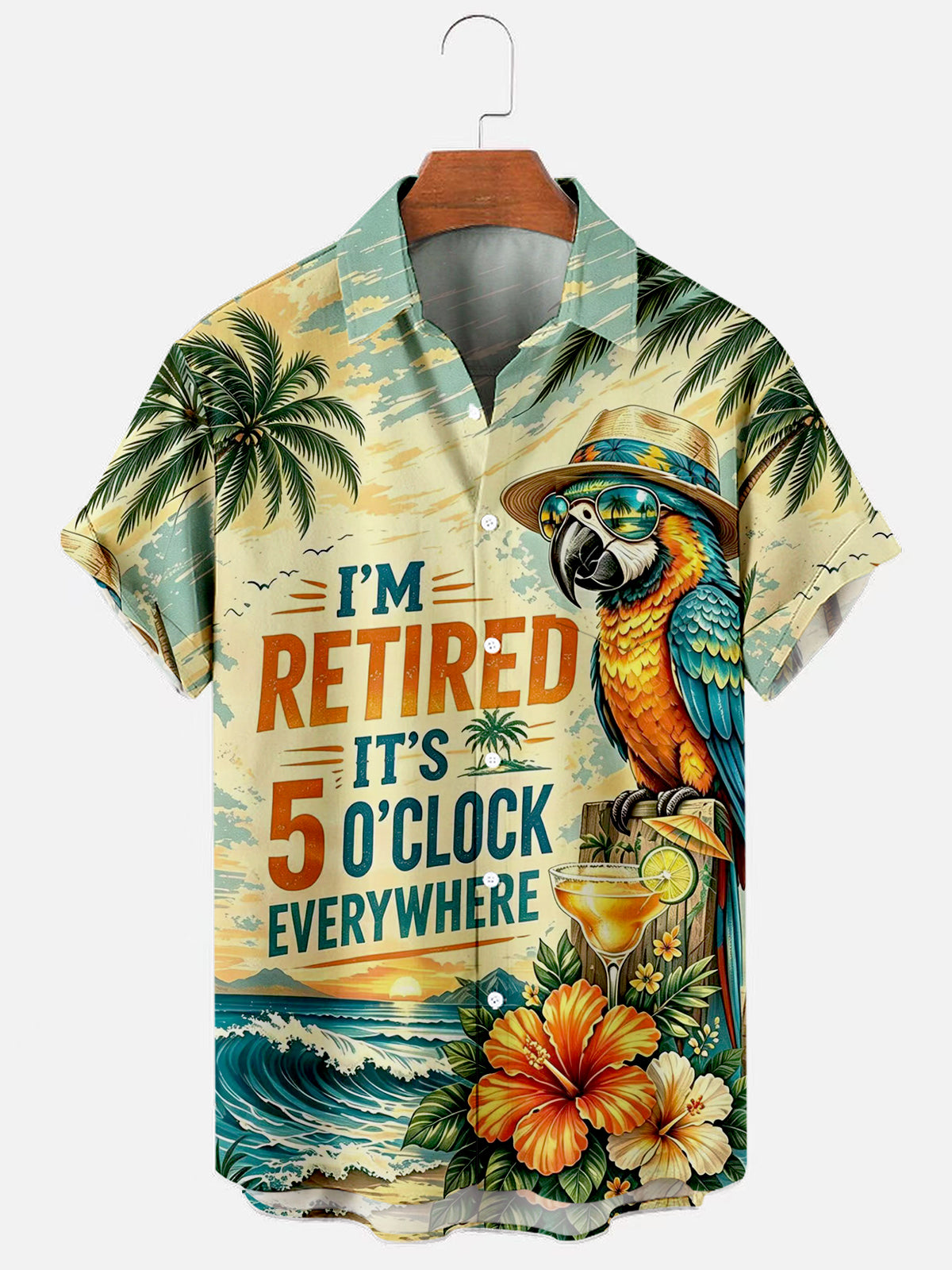 Men's Im Retired Its 5 Oclock Everywhere Parrot Print Hawaiian Short Sleeve Pocket Shirt