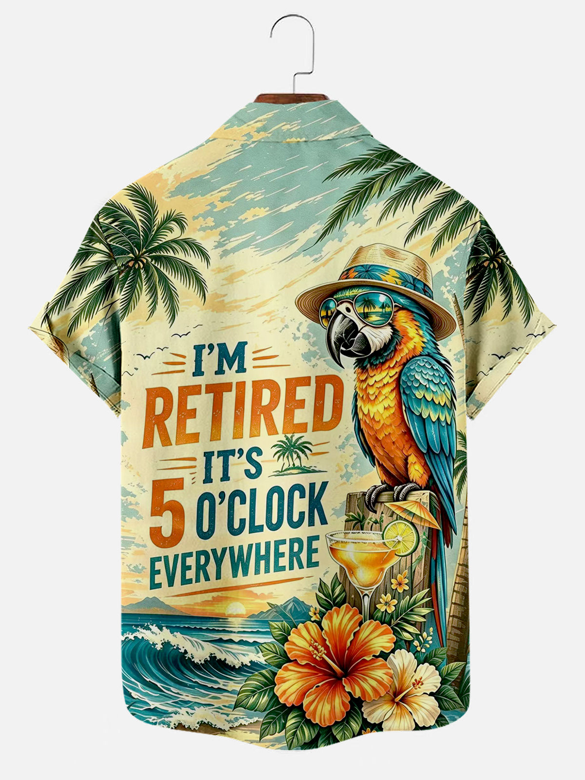 Men's Im Retired Its 5 Oclock Everywhere Parrot Print Hawaiian Short Sleeve Pocket Shirt