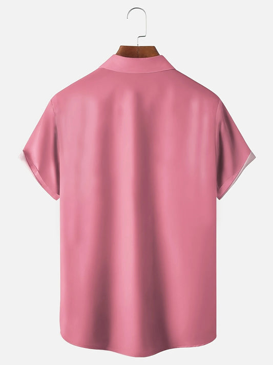 Men's Vintage Flamingo Beer Print Bowling Chest Pocket Short Sleeve Shirt