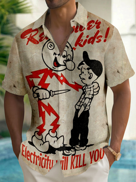 Men's 70's Vintage Electricity Warning Logo Print Hawaiian Pocket Short Sleeve Shirt