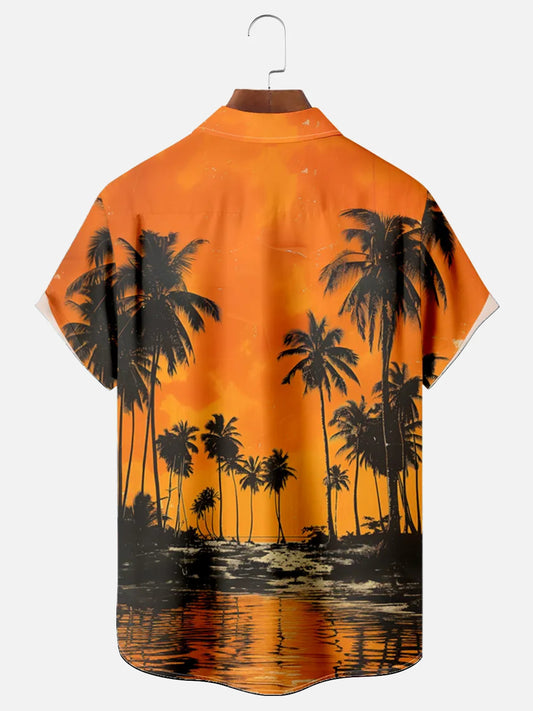 Men's Short Sleeve Shirt With Coconut Tree and Parrot Print and Chest Pocket