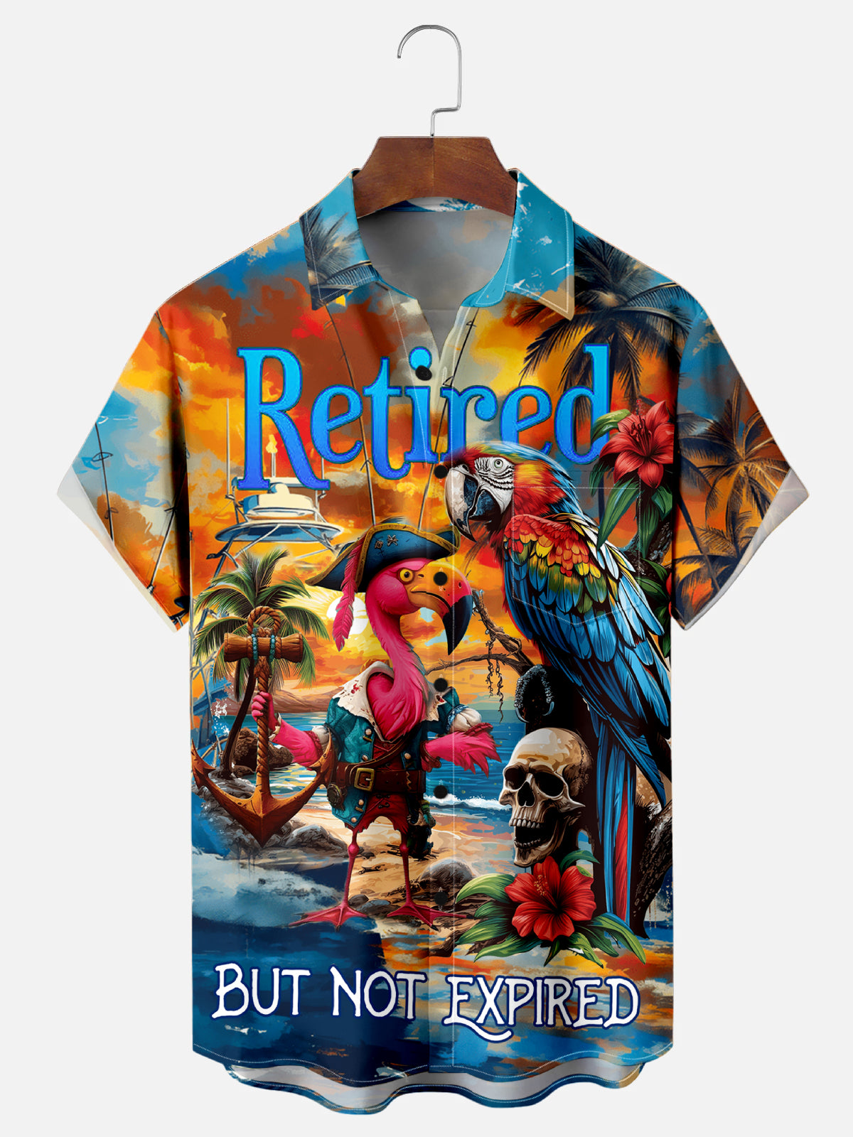 Men's Flamingo Pirate Skull Print Hawaiian Short Sleeve Shirt with Pocket