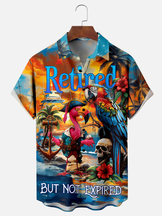 Men's Flamingo Pirate Skull Print Hawaiian Short Sleeve Shirt with Pocket