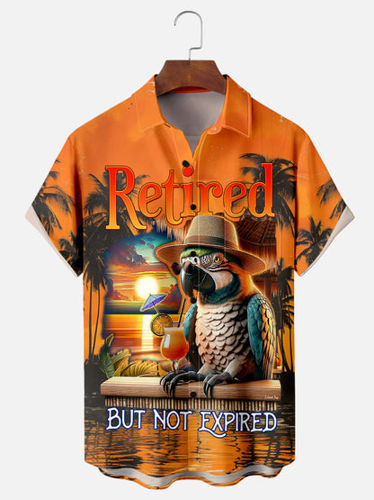 Men's Short Sleeve Shirt With Coconut Tree and Parrot Print and Chest Pocket
