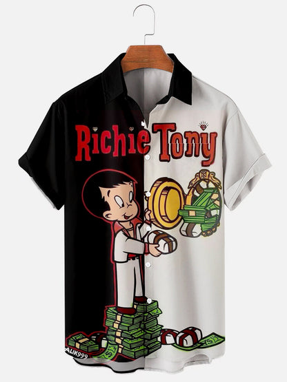 Men's Richie Tony Cartoon Print Black & White Color Block Short Sleeve Hawaiian Shirt