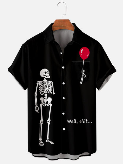 Men's Fun Skull and Red Balloon Art Print Pocket Shirt