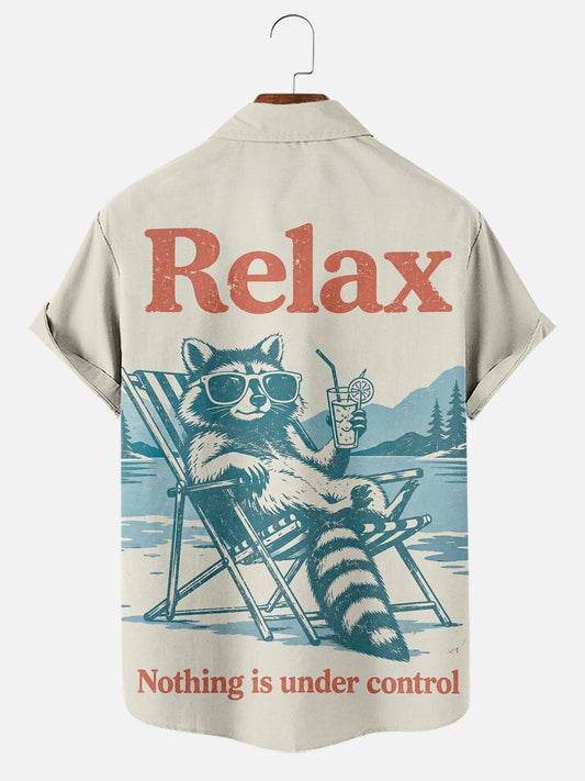 Men's Vintage Raccoon Print Casual Short Sleeve Shirt with Pocket