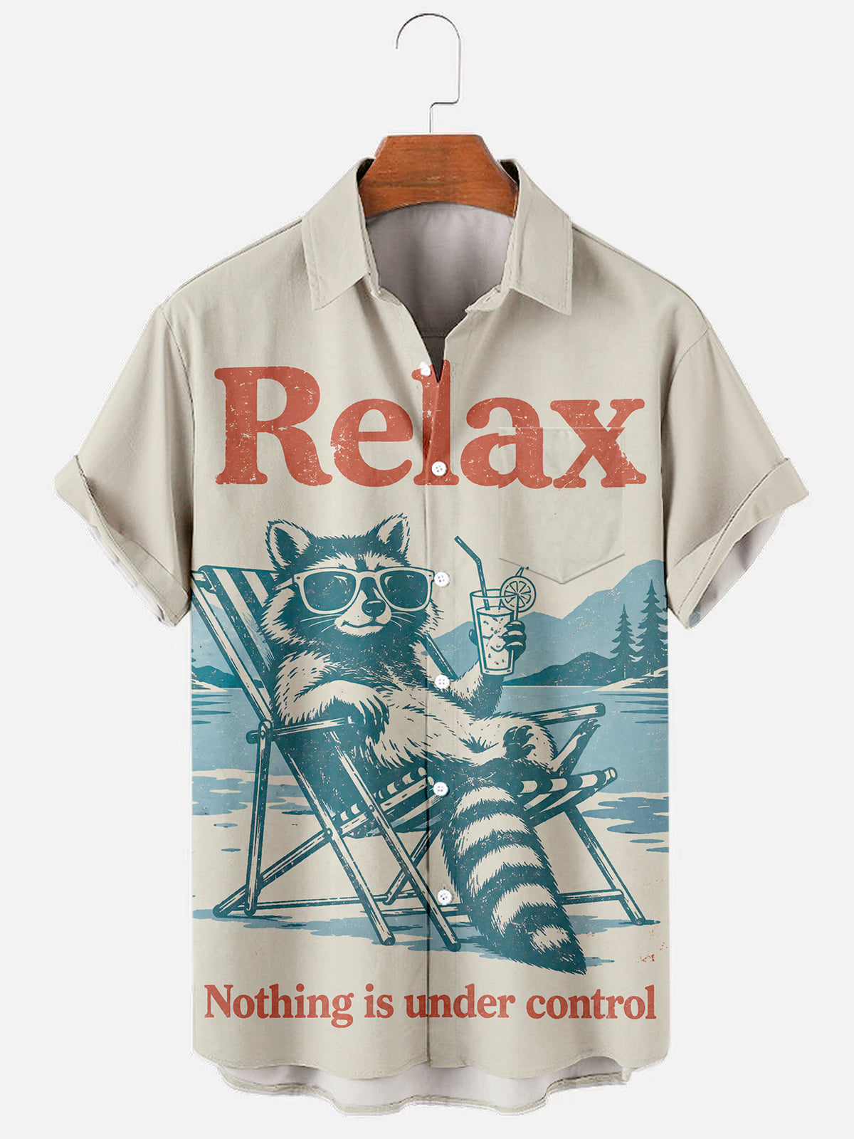 Men's Vintage Raccoon Print Casual Short Sleeve Shirt with Pocket