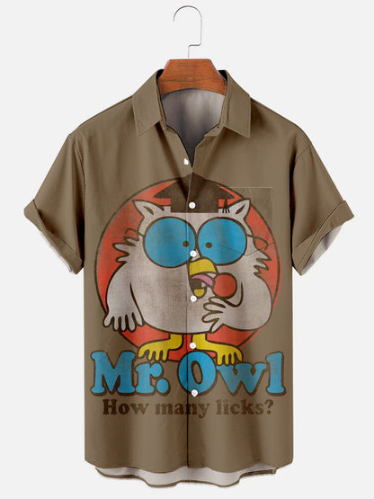 Men's Vintage Mr. Owl Cartoon Print Casual Short-Sleeve Shirt