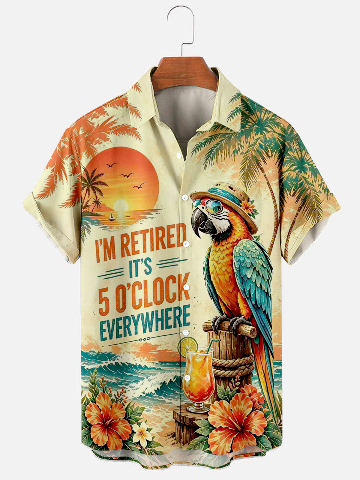 Men's Im Retired Its 5 Oclock Everywhere Parrot Print Casual Shirt
