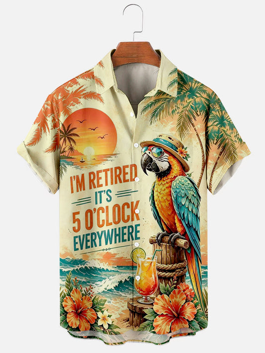 Men's Im Retired Its 5 Oclock Everywhere Parrot Print Casual Shirt
