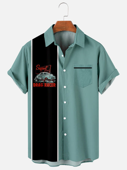 Mens Retro Racing Cars Lapel Loose Chest Pocket Short Sleeve Funky Hawaiian Shirts