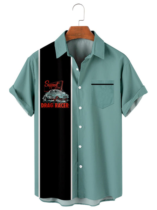 Mens Retro Racing Cars Lapel Loose Chest Pocket Short Sleeve Funky Hawaiian Shirts