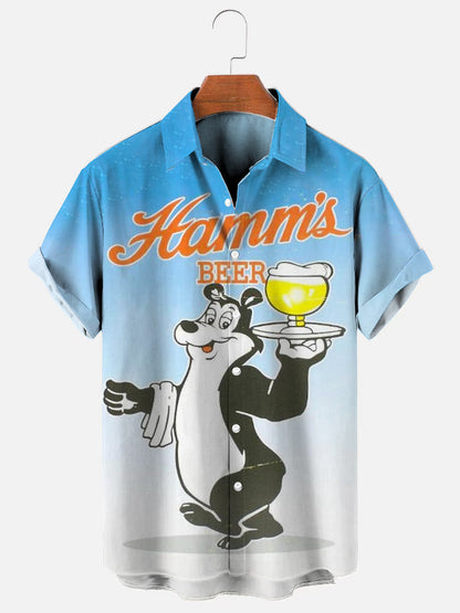 Men's Vintage Beer Bear Print Hawaii Short Sleeve Shirt