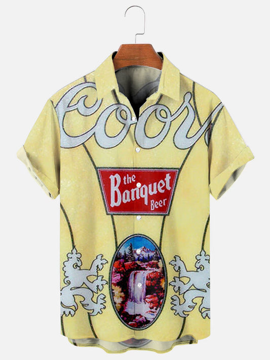 Men's Vintage Beer Logo Stained Glass Print Hawaiian Short Sleeve Shirt
