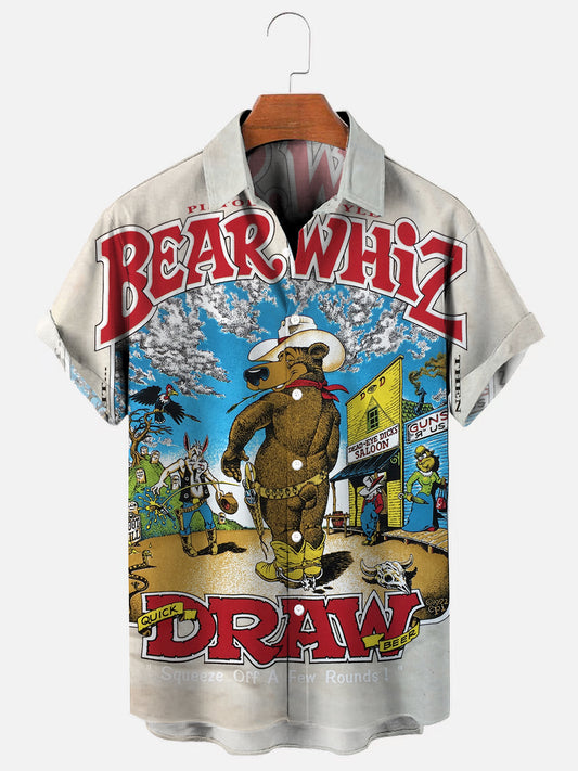 Men's Retro Beer Bear Print Hawaiian Casual Short Sleeve Shirt