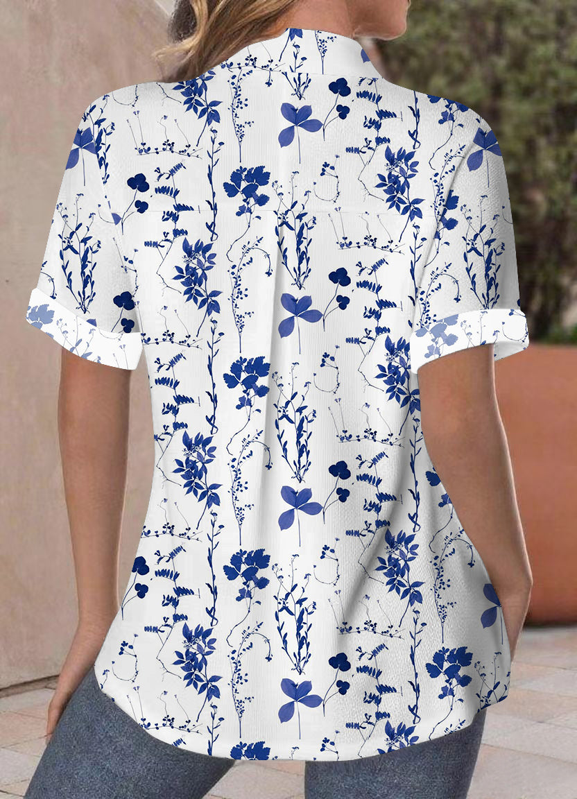 Women's Floral and Leaf Print Casual Short Sleeve Blouses