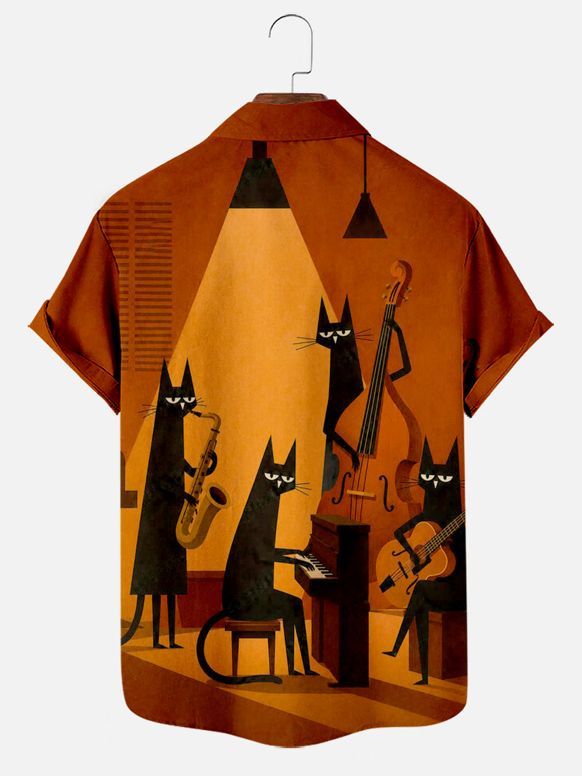 Men's Vintage Jazz Cat Medieval Print Short Sleeve Hawaiian Pocket Shirt
