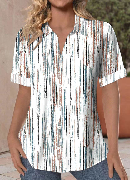 Women's Multicolored Striped Print Casual Short Sleeve Blouses