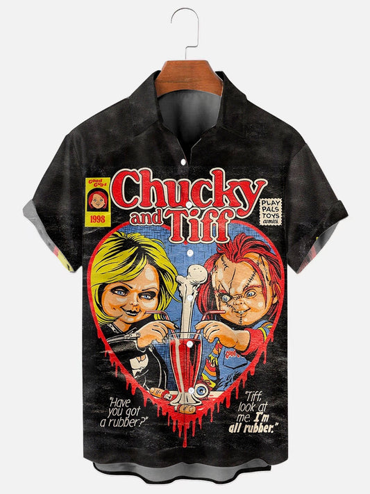 Men's Vintage Horror Movie Print Casual Short Sleeve Pocket Shirt